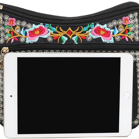 Embroidered Canvas 3 zip Small Crossbody Bag Cell Phone Purse Shoulder Wallet Ha - Picture 4 of 6